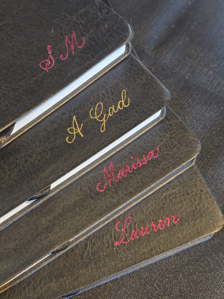 Hot foiling on leather notebooks Handwritten by Belle 768x1024